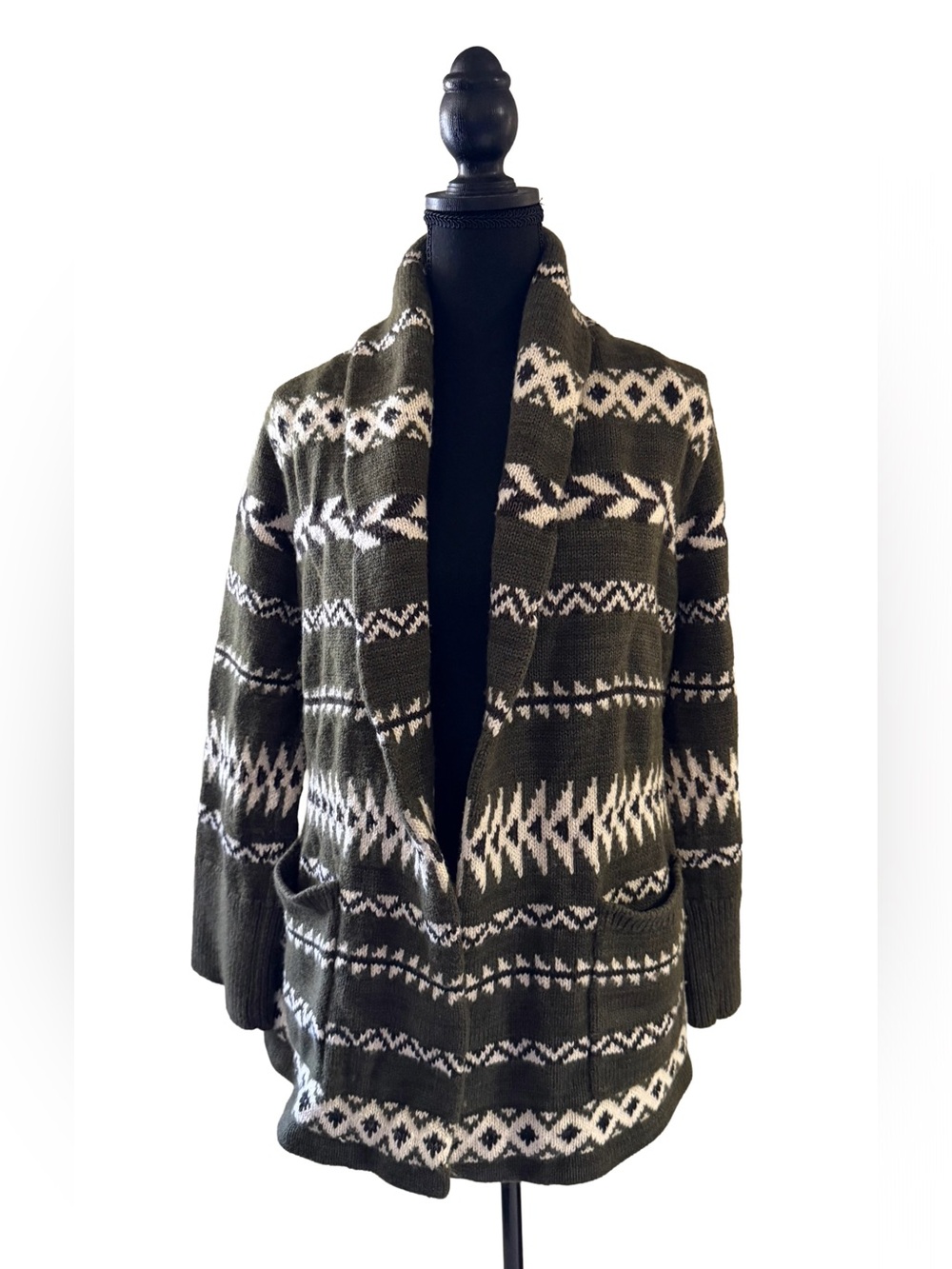 Polo Ralph Lauren Women Medium Fair Isle Belted Cardigan Olive Wool Linen Preppy - Picture 4 of 9